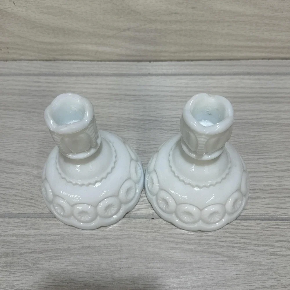 L.E. SMITH Milk Glass Moon & Star Candlestick Pair 4x4.5